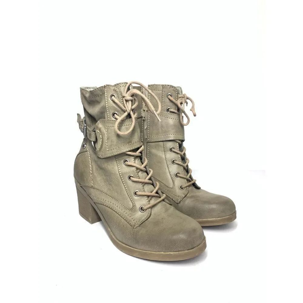 Guess Taupe Brown Lace Up Combat Boots Heel Distressed Leather Women Size 6